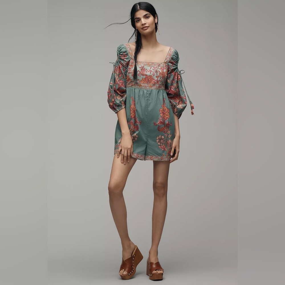 FARM Rio Teal Green Floral Square-Neck Romper with Puff Sleeves